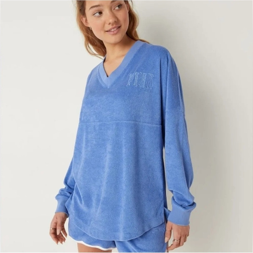 PINK Victoria’s Secret terry cloth v-neck pullover XL/ extra large blue